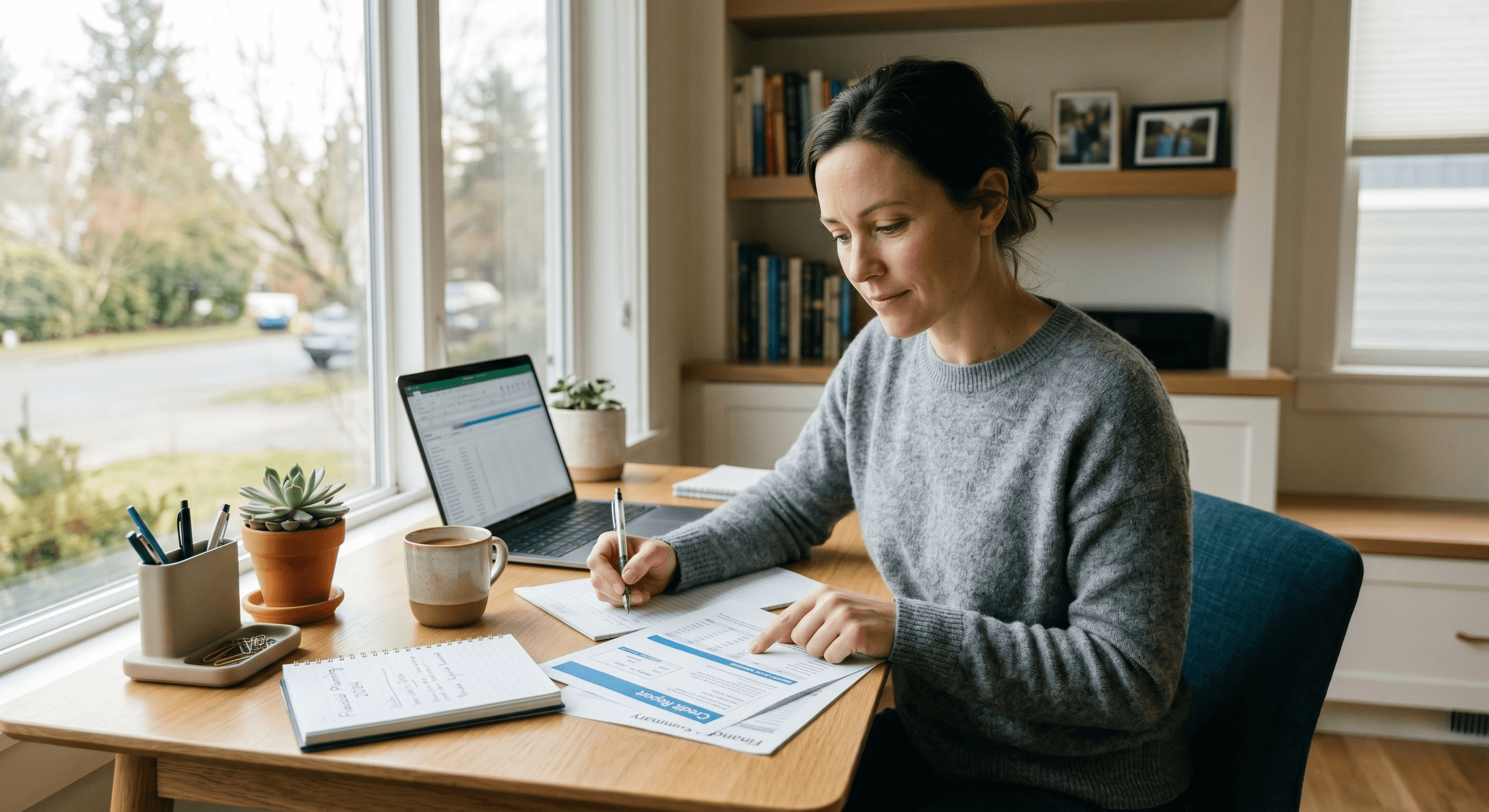 A person reviewing their credit report at home, taking steps to rebuild their credit score in Canada
