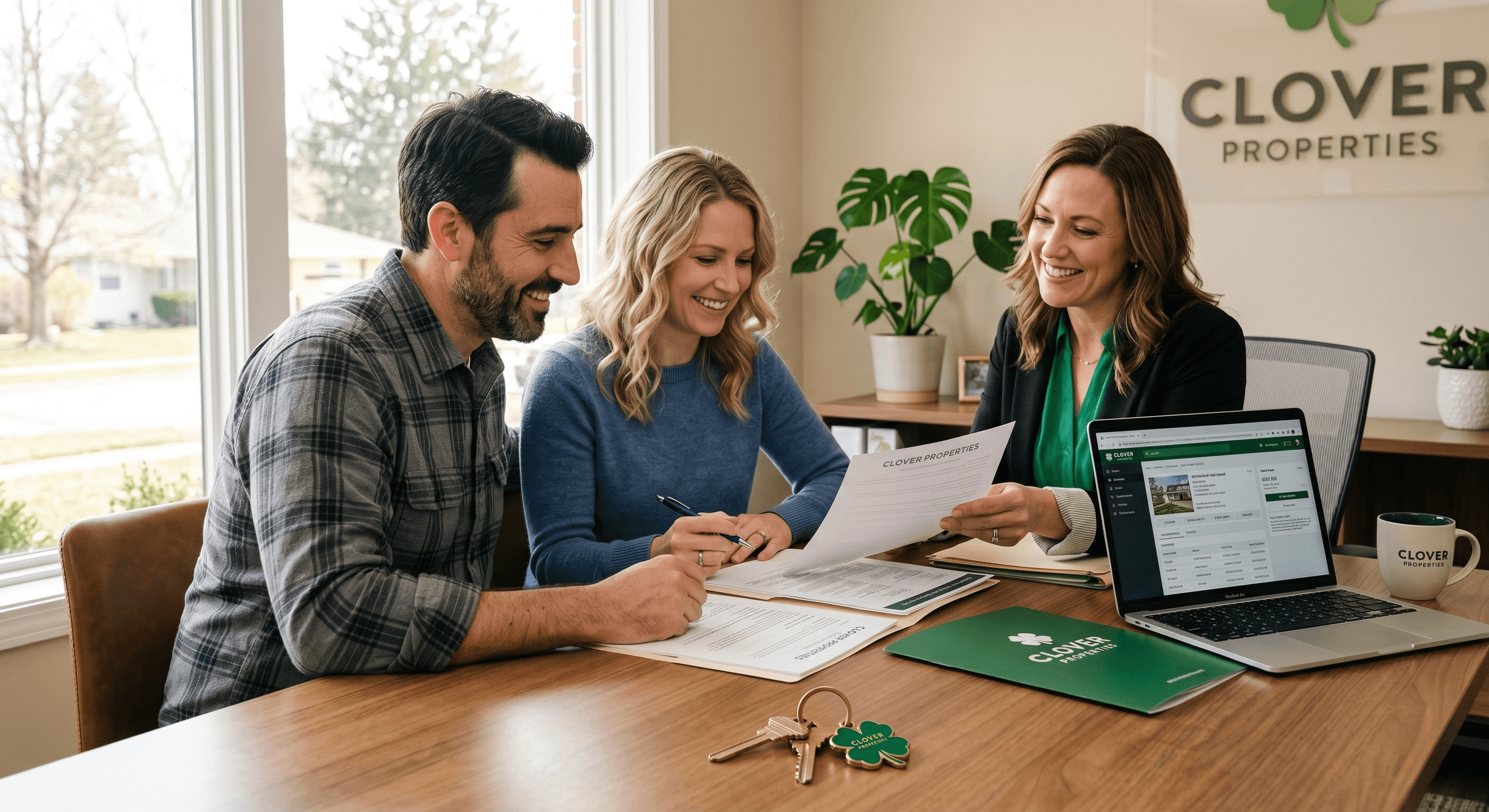 Couple reviewing homeownership documents with their keys in the foreground, looking hopeful