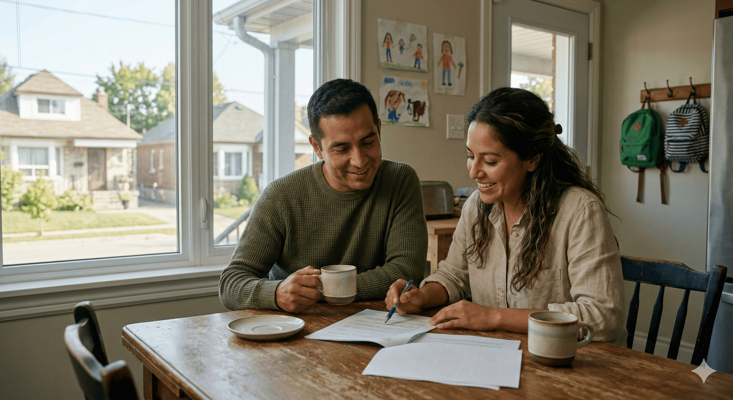 Couple reviewing rent-to-own agreement paperwork at a kitchen table with expressions of relief, representing the Harkins family case study