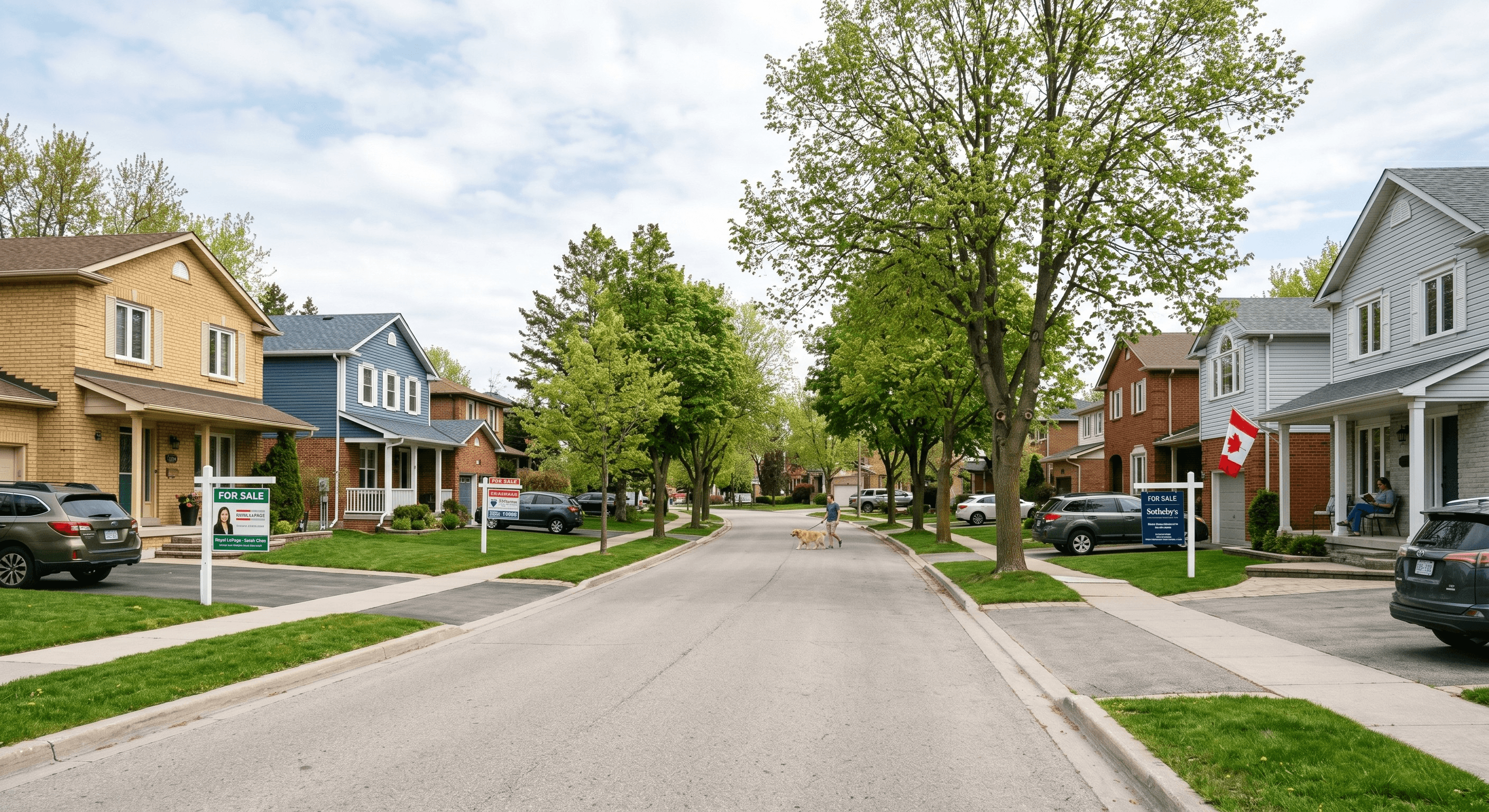 A residential street with multiple homes for sale