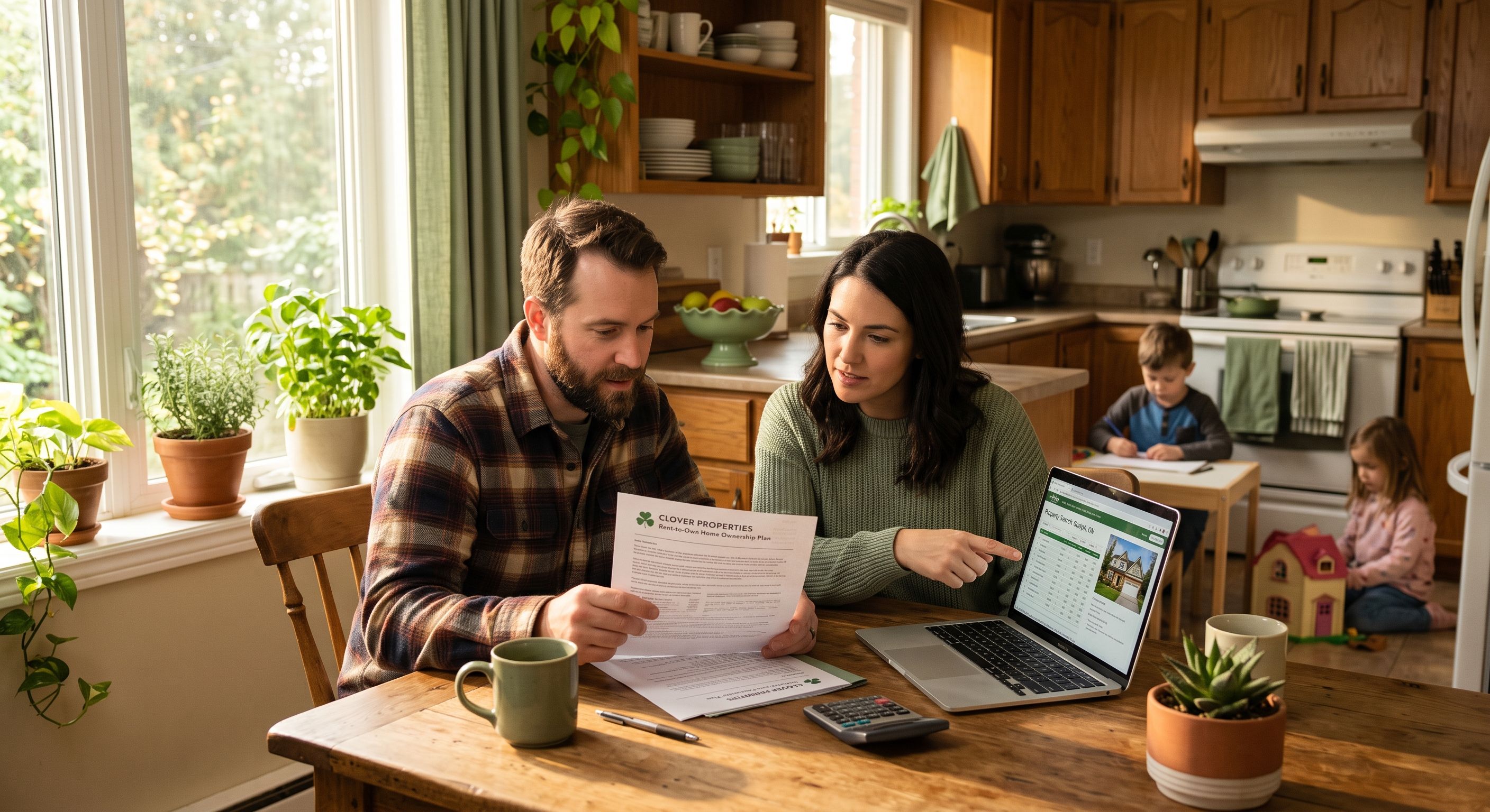 Parents reviewing a financial plan together at their kitchen table while their children play nearby