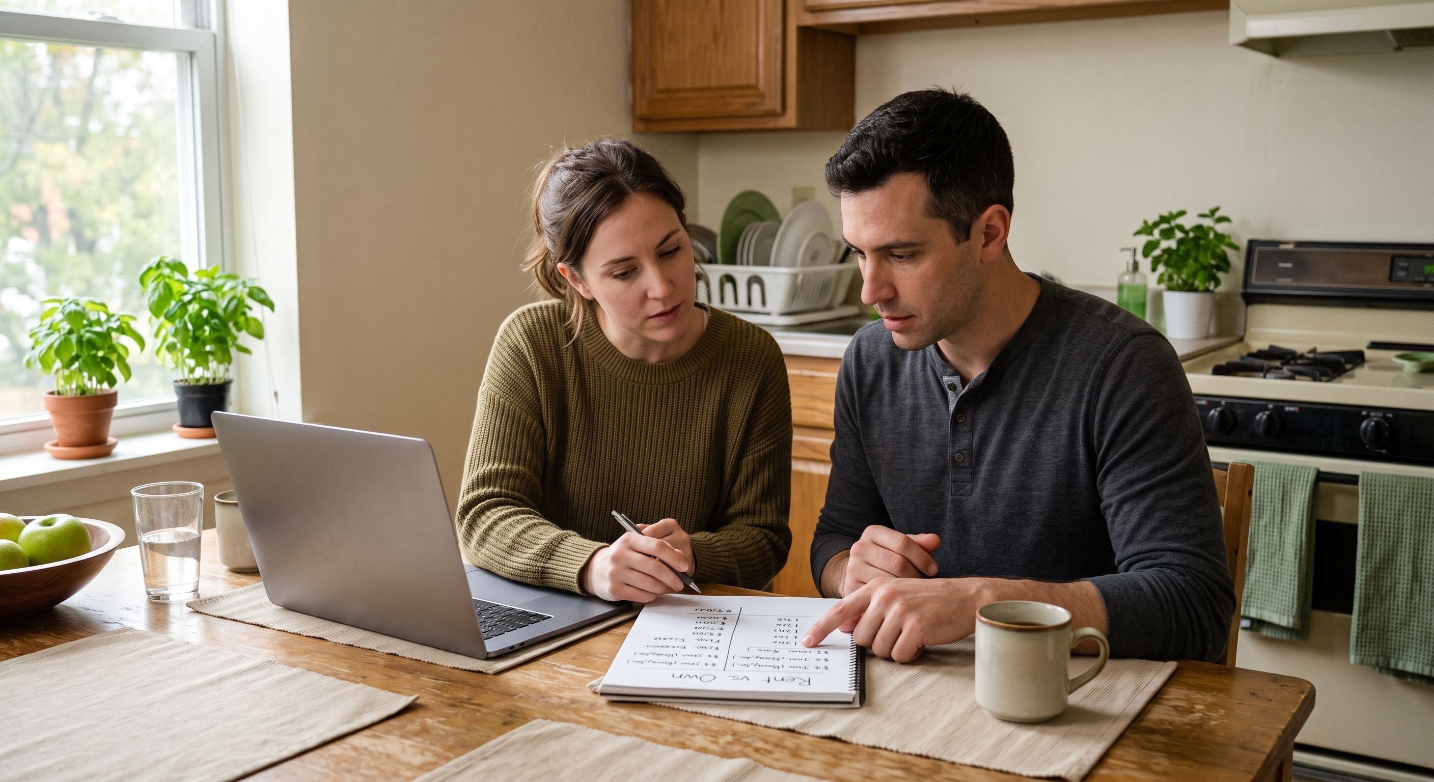 Couple at a kitchen table comparing a home listing on a laptop against handwritten down payment and closing cost figures in a notebook