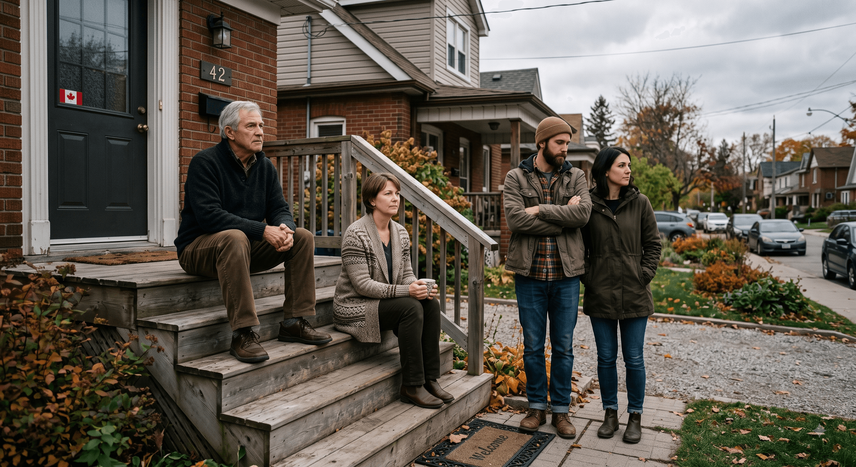 Three generations of a Canadian family standing on the front steps of a suburban home, representing first-time buyers, current mortgage holders and seniors at different stages of homeownership