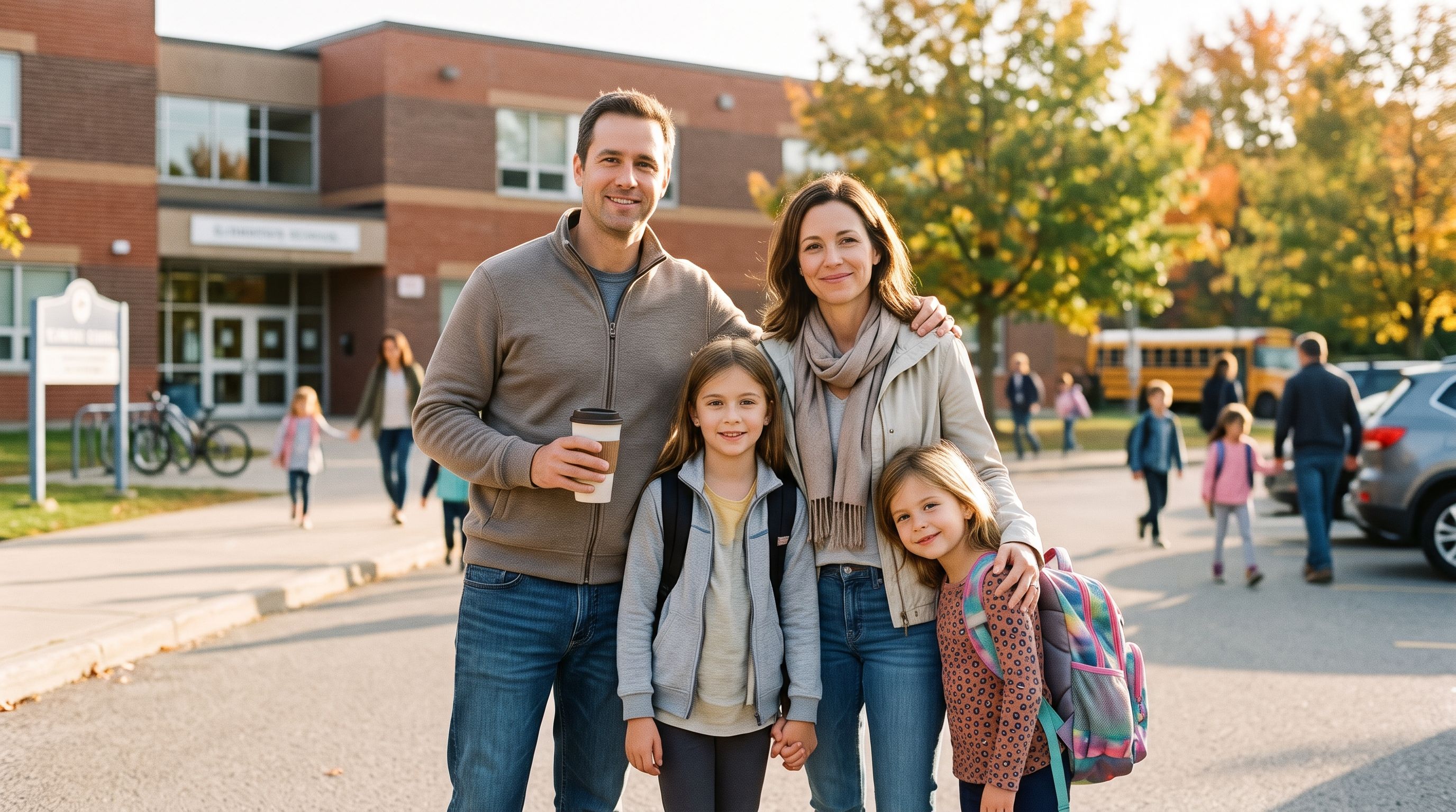 Family of four smiling in front of the kids school in the suburb of the Ontario home they were renting and are now on track to own