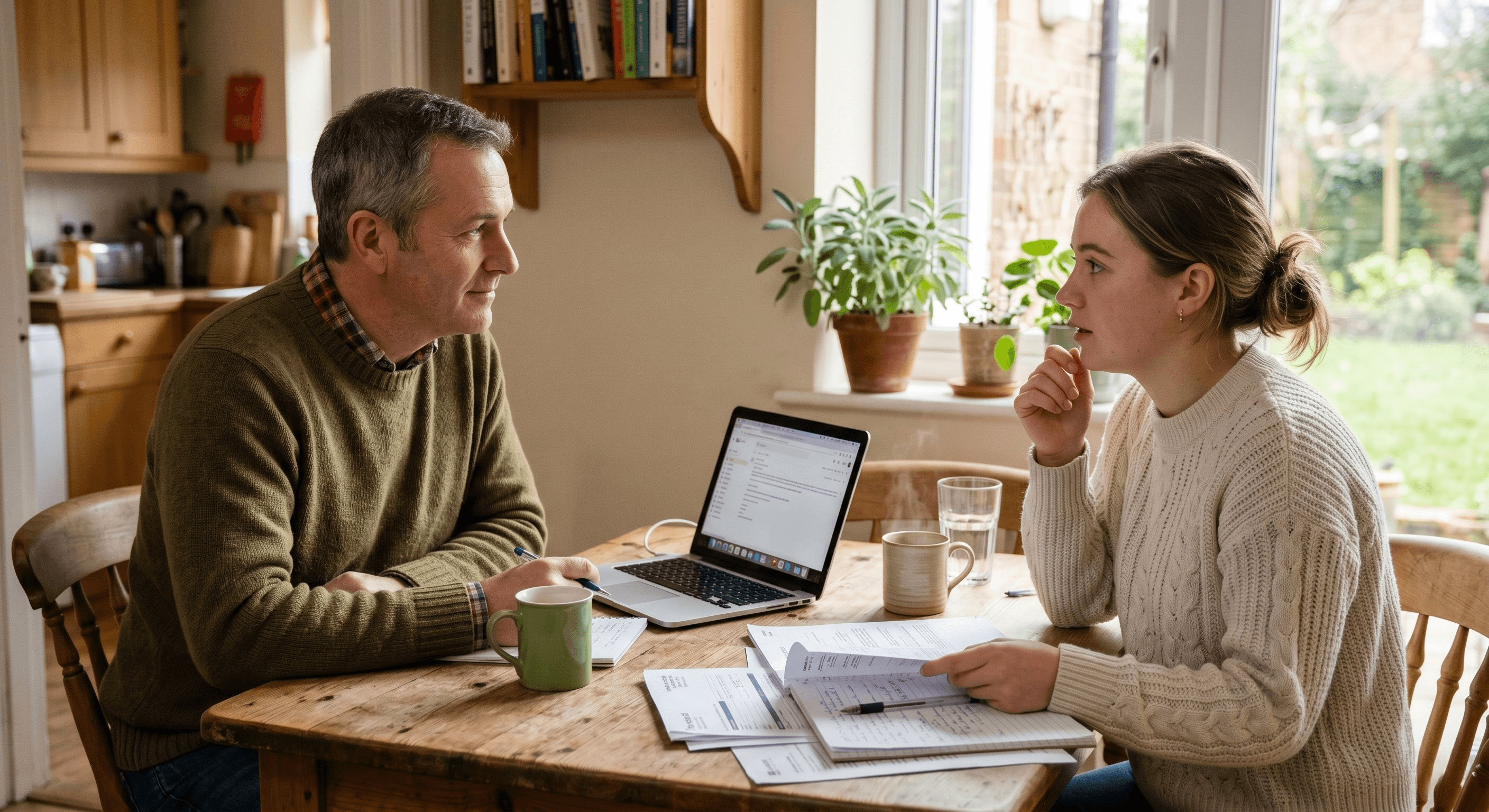 A father and adult daughter having an honest conversation at a kitchen table, reviewing documents together in a comfortable home setting