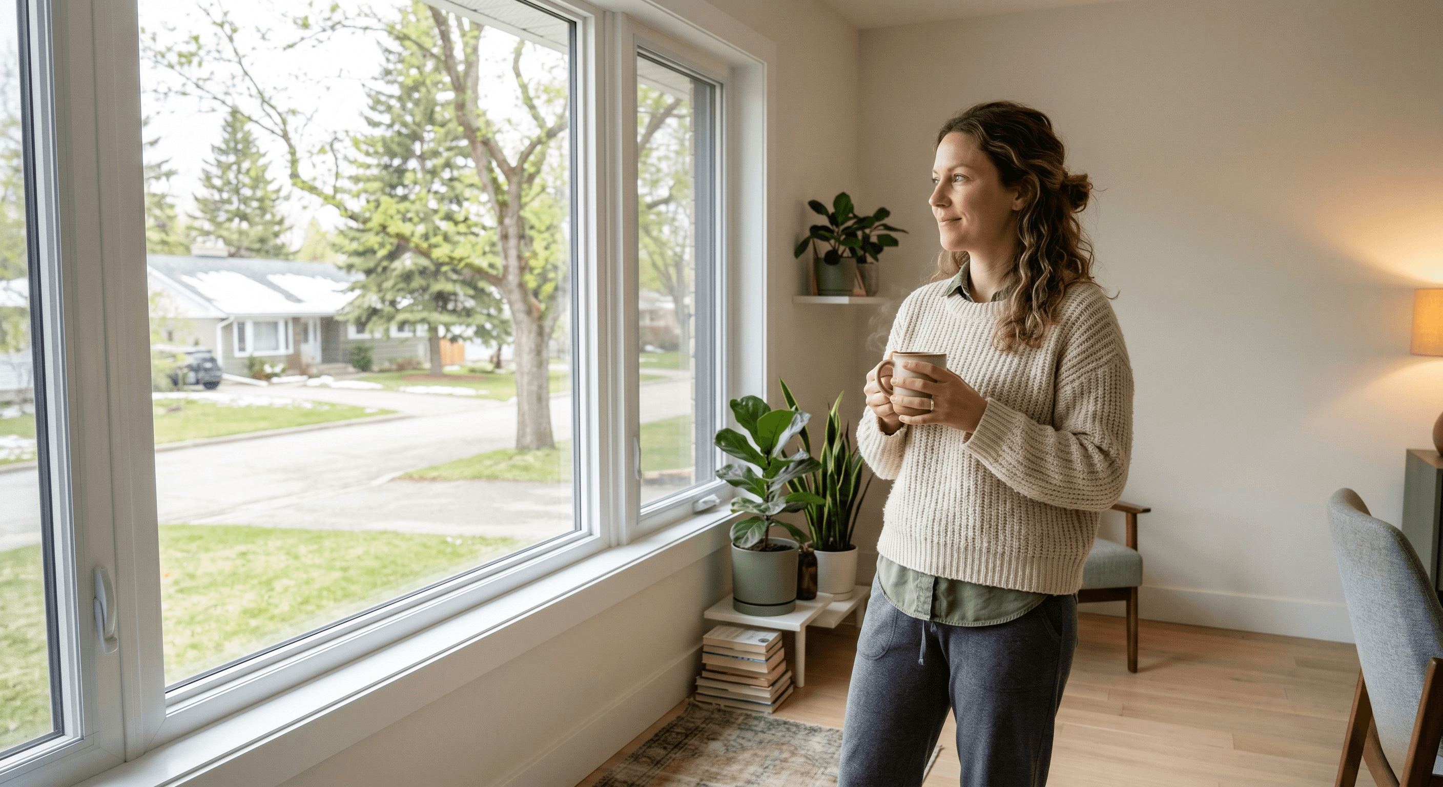 Hopeful single looking out a window in a bright home after being declined for a mortgage, considering their next step
