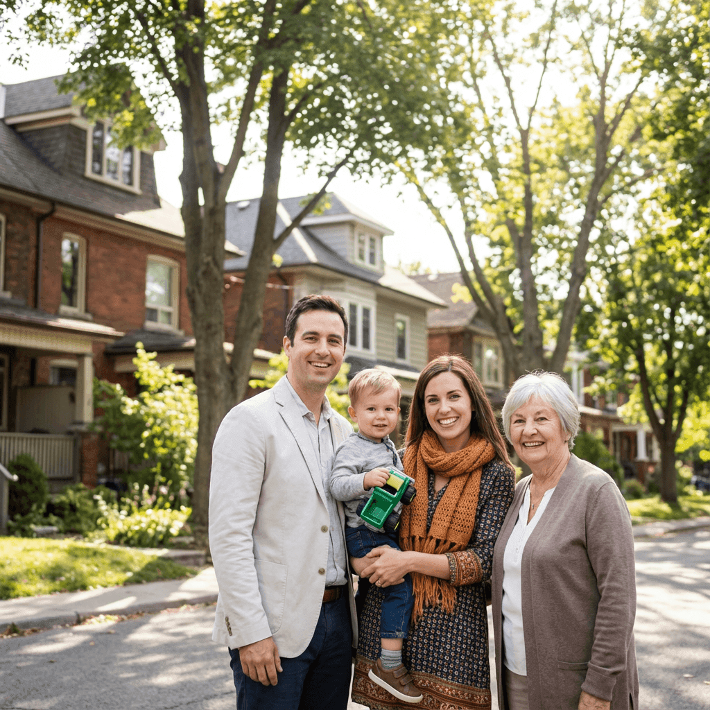 Multi-generational family standing together on a quiet residential street, representing newcomers building their future in Canada