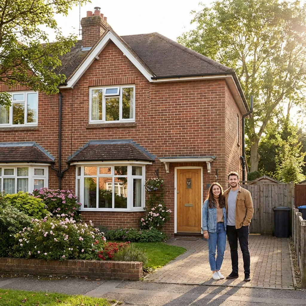 Happy couple standing in front of their new home