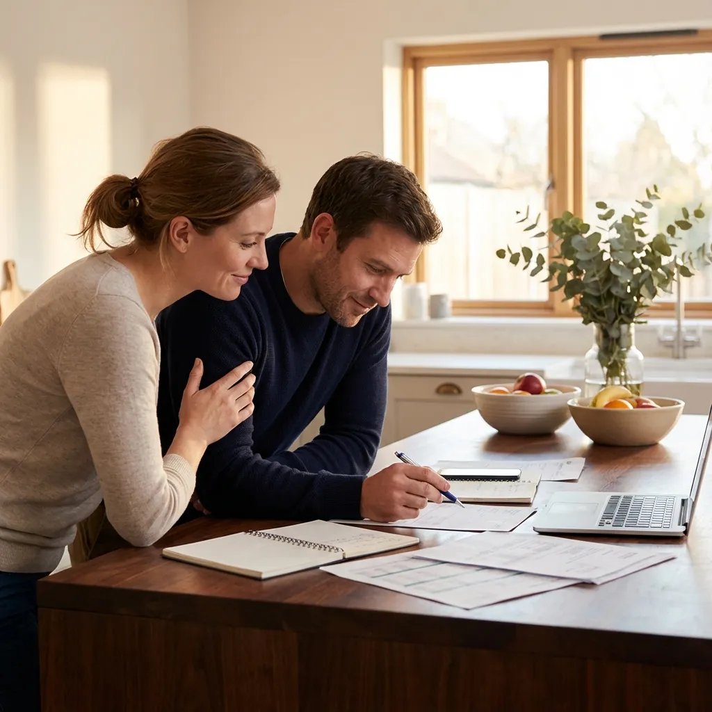 Couple reviewing finances at kitchen island
