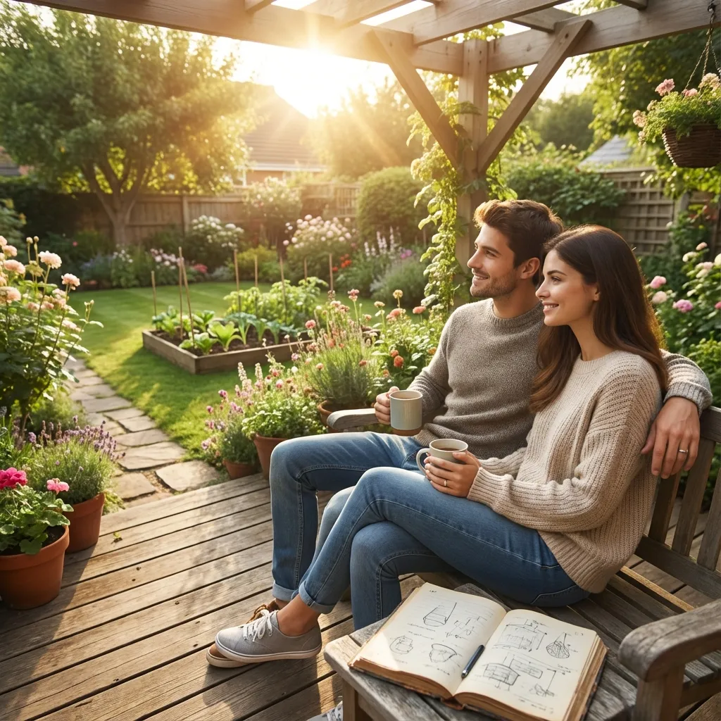 Couple relaxing on backyard patio