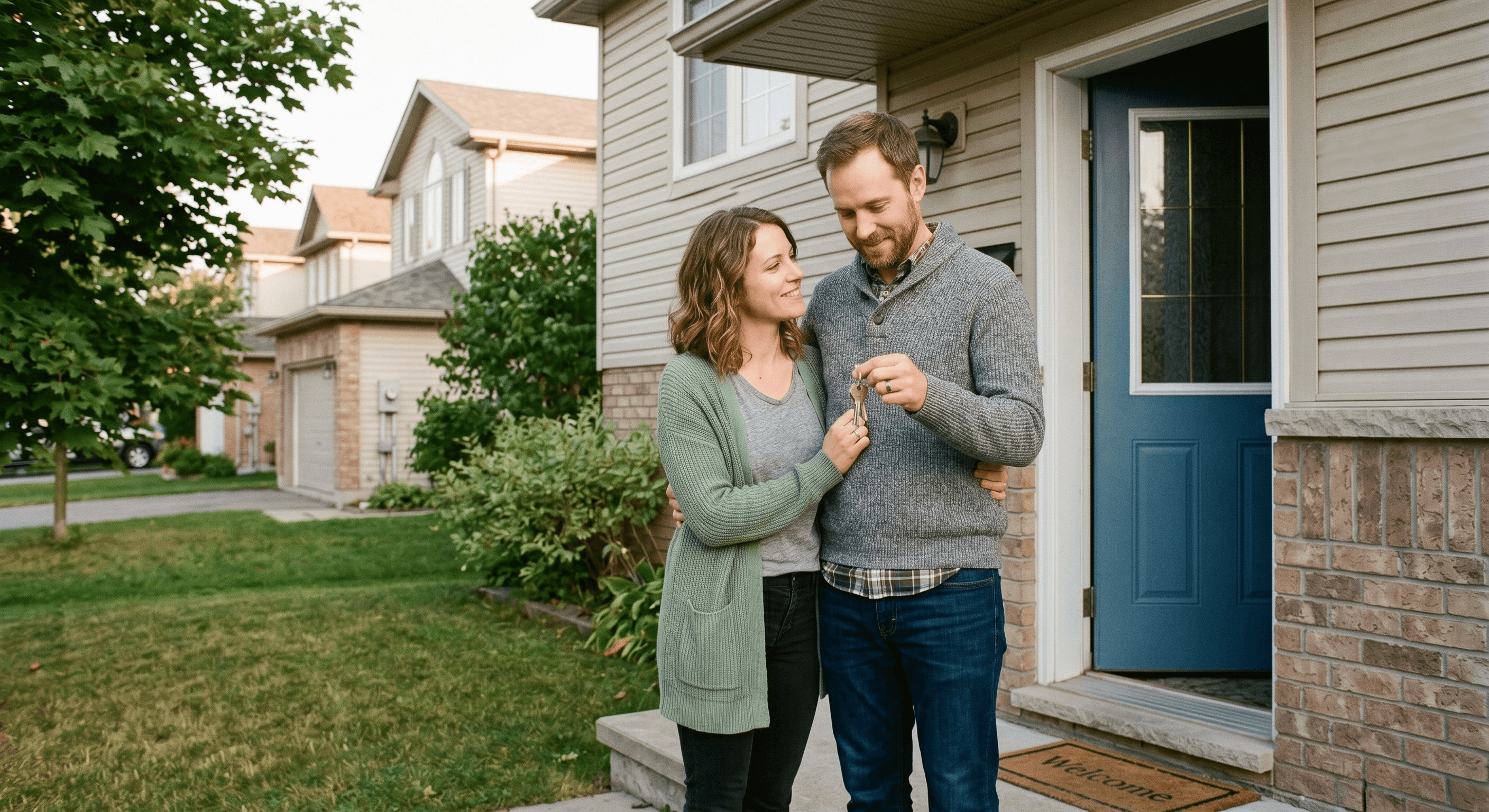 A couple standing at the front door of their new home holding keys, smiling with quiet relief after completing a rent-to-own program in Canada