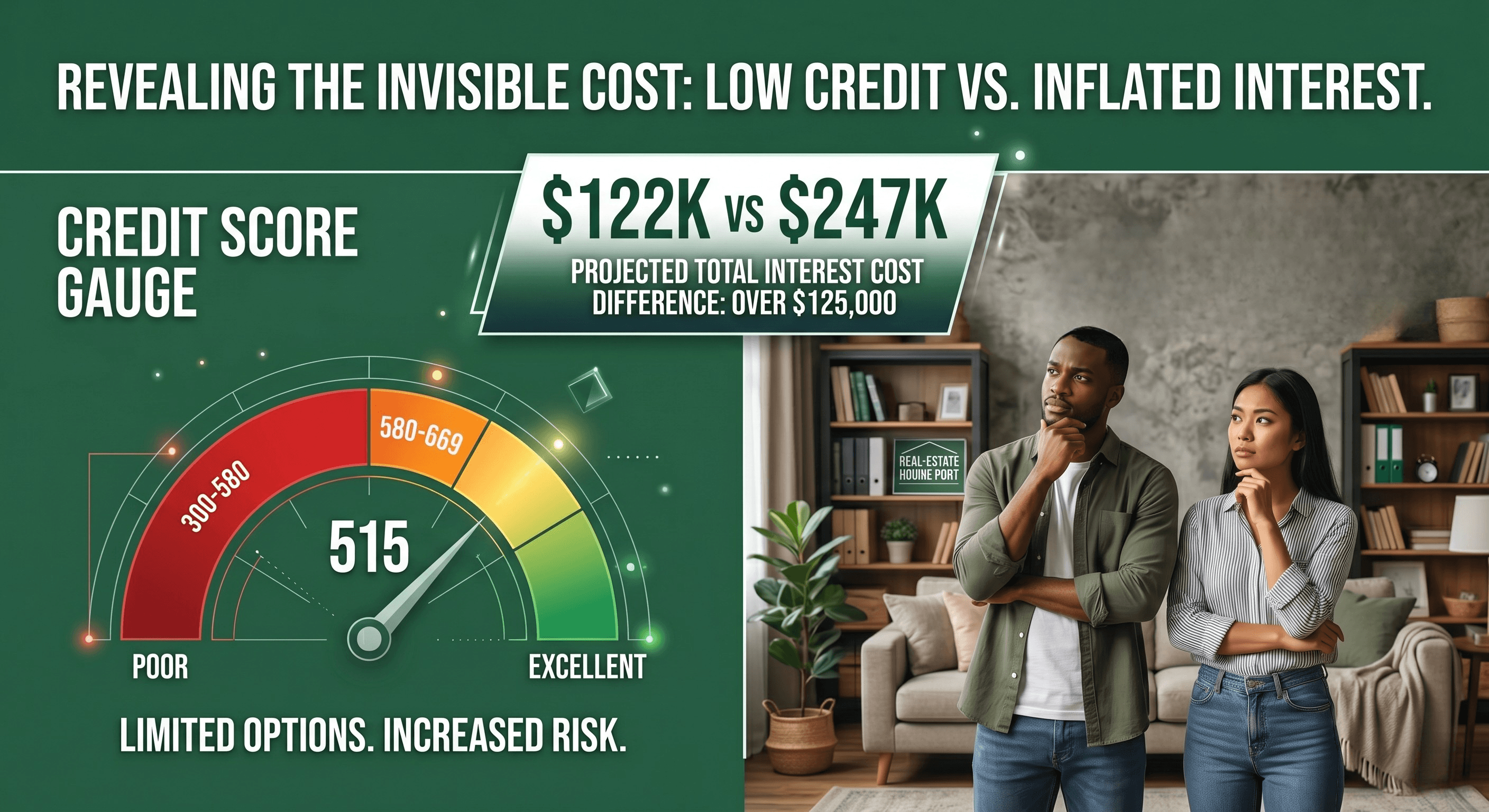 A credit score meter next to a mortgage interest cost comparison showing how a low credit score significantly increases the total cost of a Canadian mortgage.