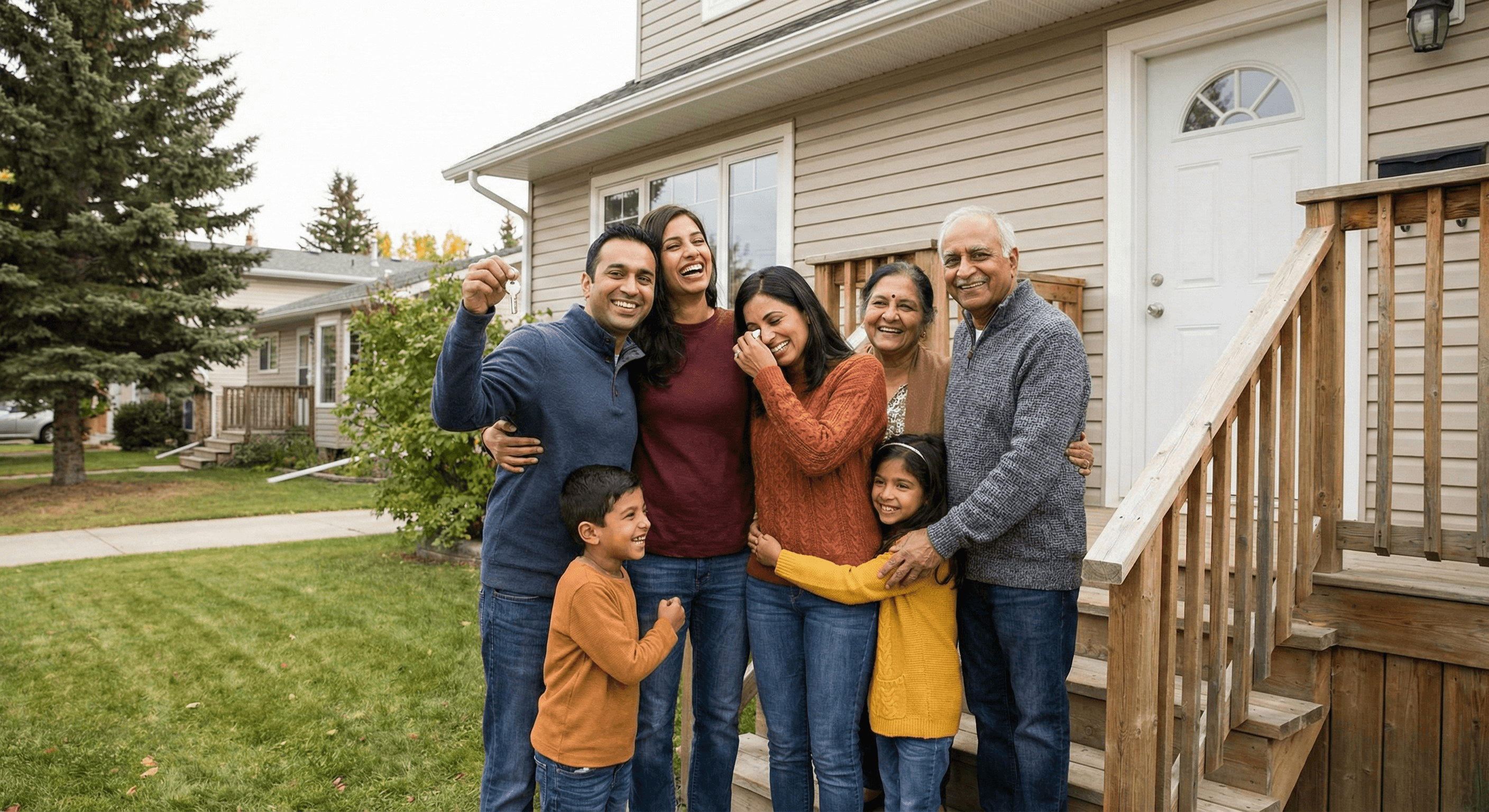 A newcomer family standing outside their new home in a suburb, smiling and holding house keys on a sunny day.
