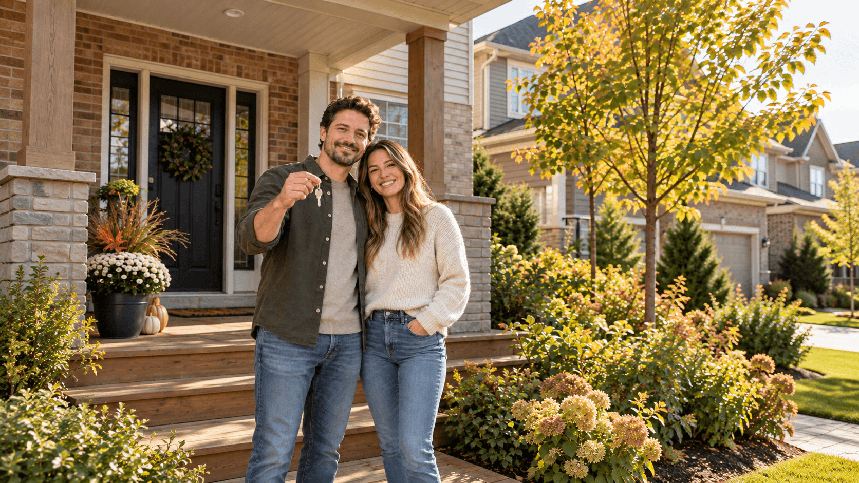 Couple standing on the front porch of a suburban Ontario home, one holding a house key