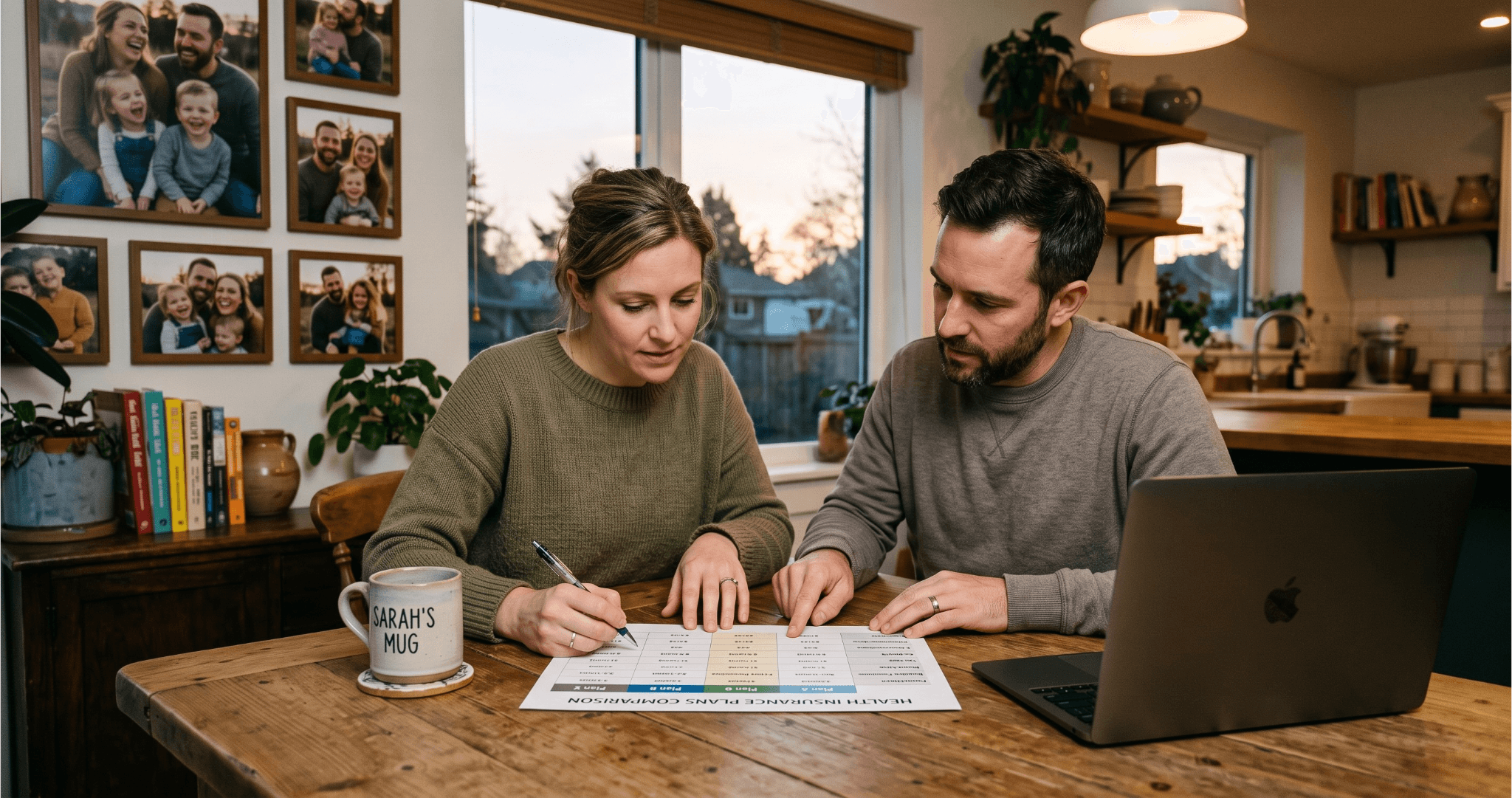 Couple at a kitchen table comparing monthly payment options on a printed sheet