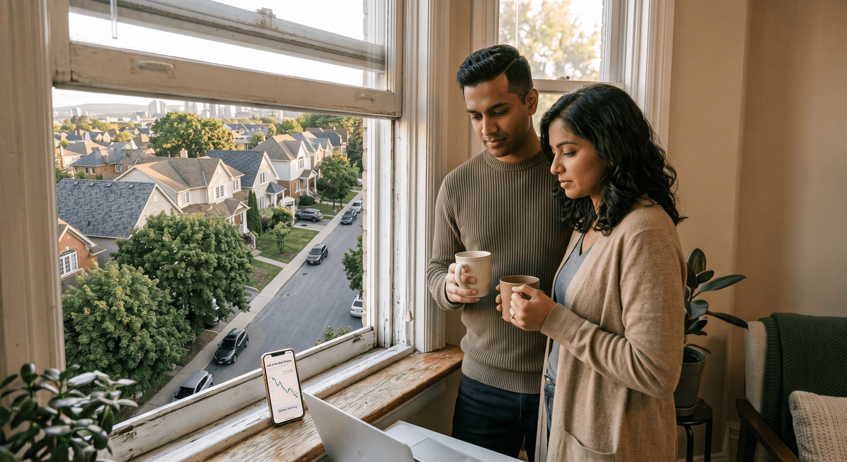 Young couple looking out their apartment window at a street of houses, hopeful about buying a home despite still renting