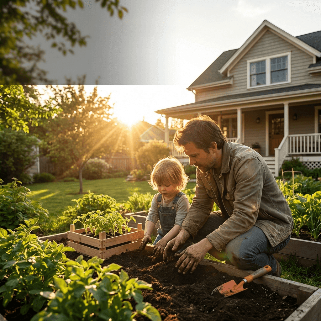 Adult and child gardening together in a backyard at sunset, representing growth and nurturing an alternative path to homeownership