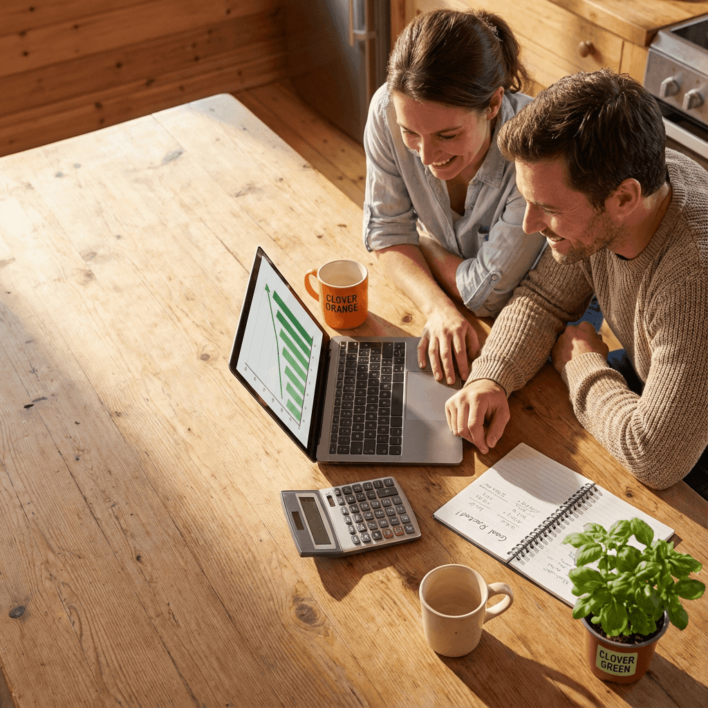 Couple planning finances together with laptop, calculator, and coffee on a wooden table, representing down payment planning and budgeting