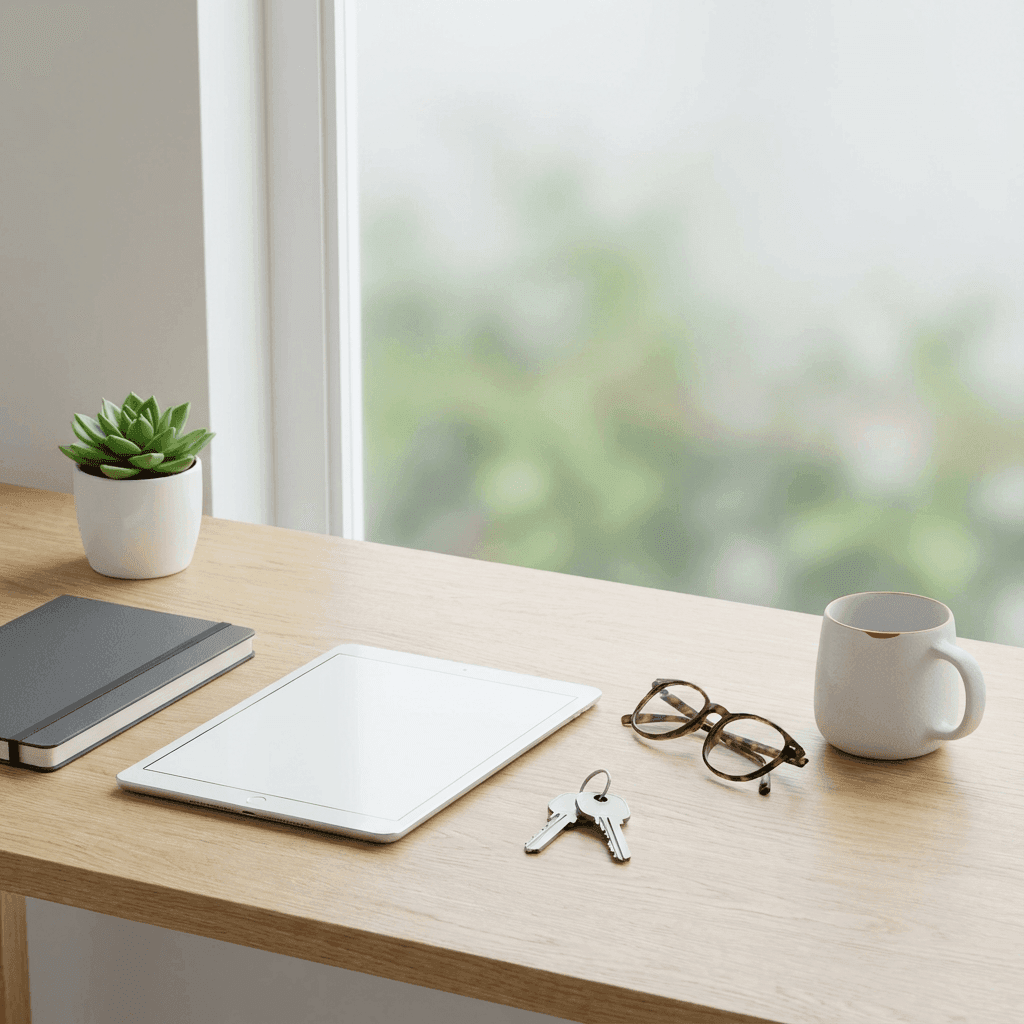 Organized minimalist desk workspace with plant, notebook, and coffee, representing preparation and planning for mortgage readiness