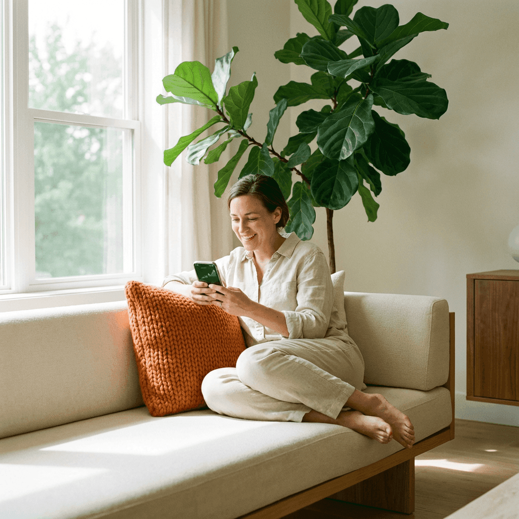 Person relaxing on a comfortable couch in a bright modern living room, illustrating the comfort of renting versus the benefits of owning